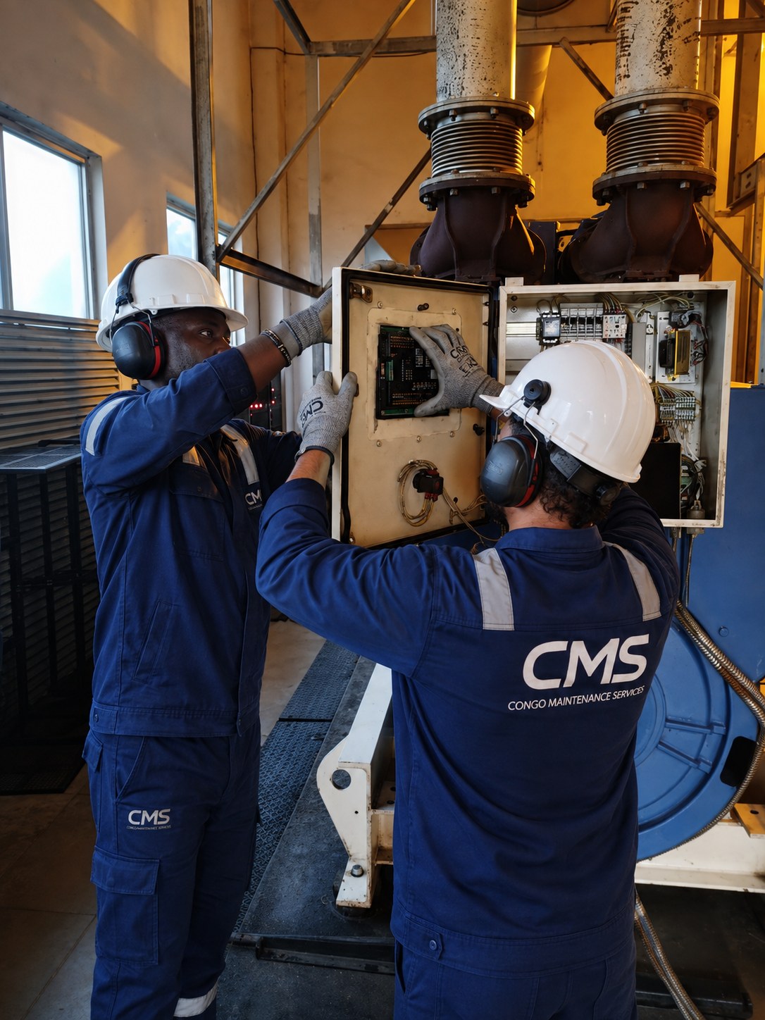 Techniciens CMS en intervention sur un tableau de commande de groupe électrogène